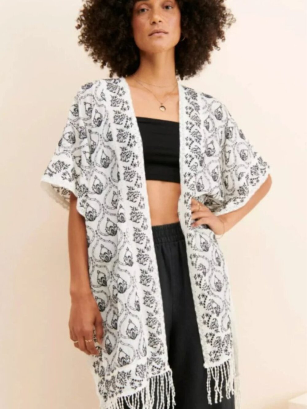 Anthropologie Embroidered Tasseled Fringe Duster Oversized Fall Transition XS/S